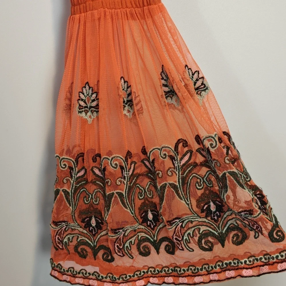 FREE PEOPLE  High Tides Embroidered Flare Sleeve Top Orange Boho XS